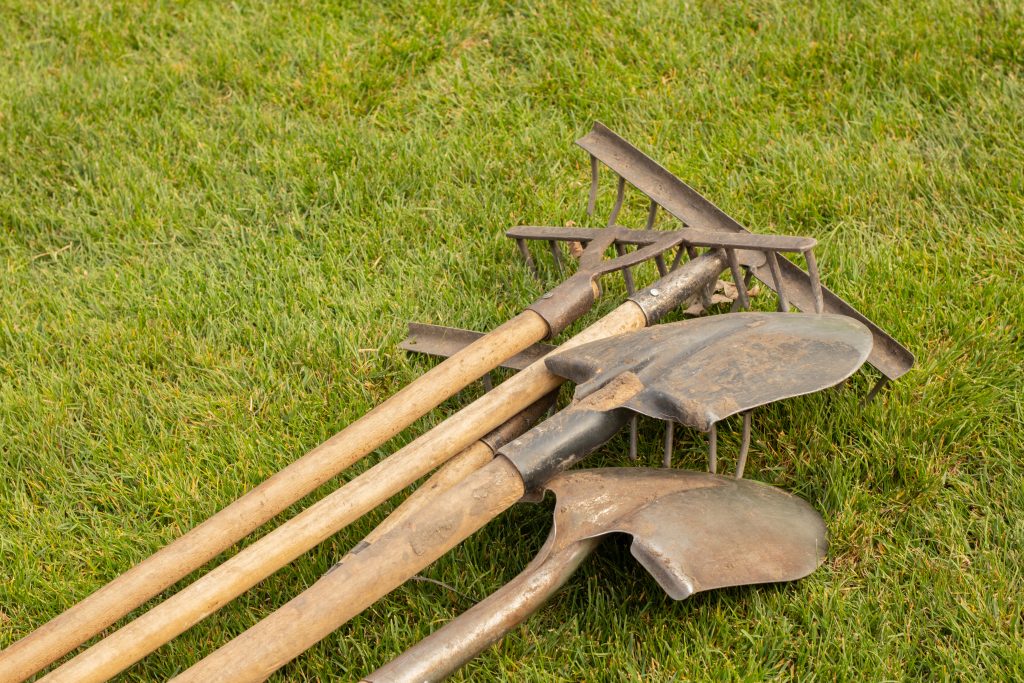 shovel and rake lie on green grass close-up