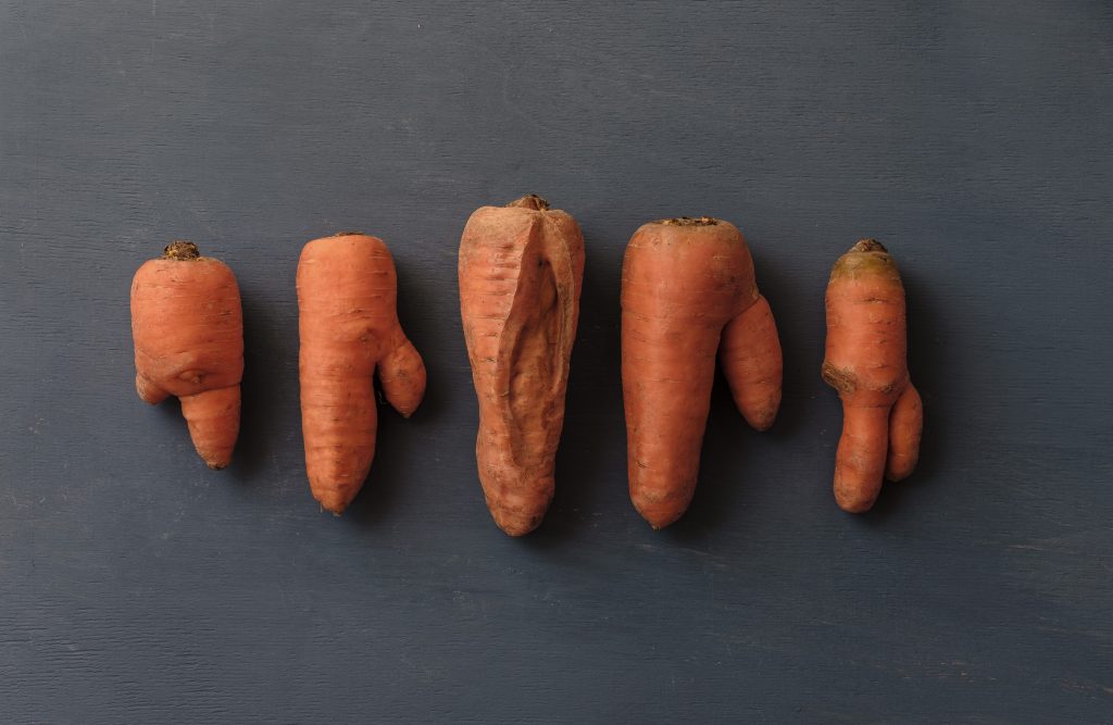 Ugly carrots with unusual shapes arranged in a row on grey background