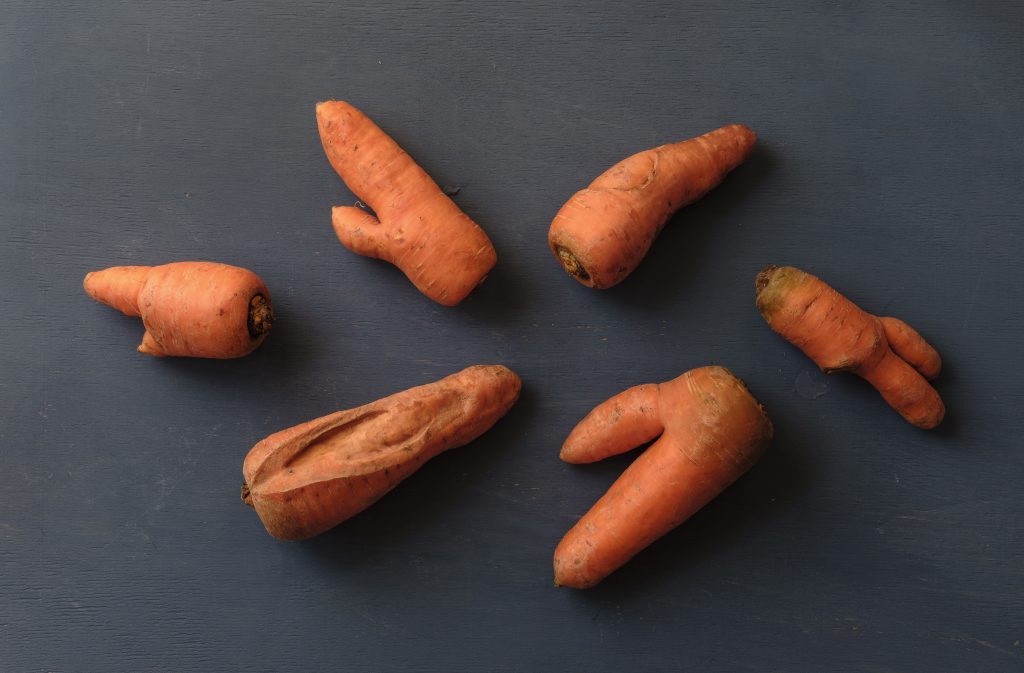 Ugly carrots with unusual shapes arranged on grey background