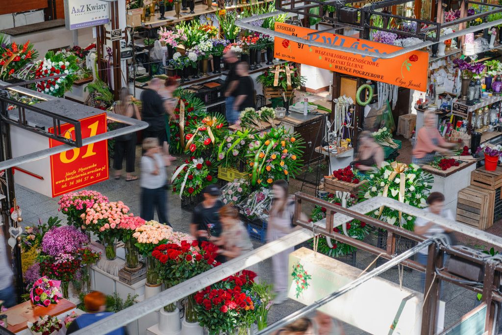 Busy wroclaw flower market with vibrant bouquets