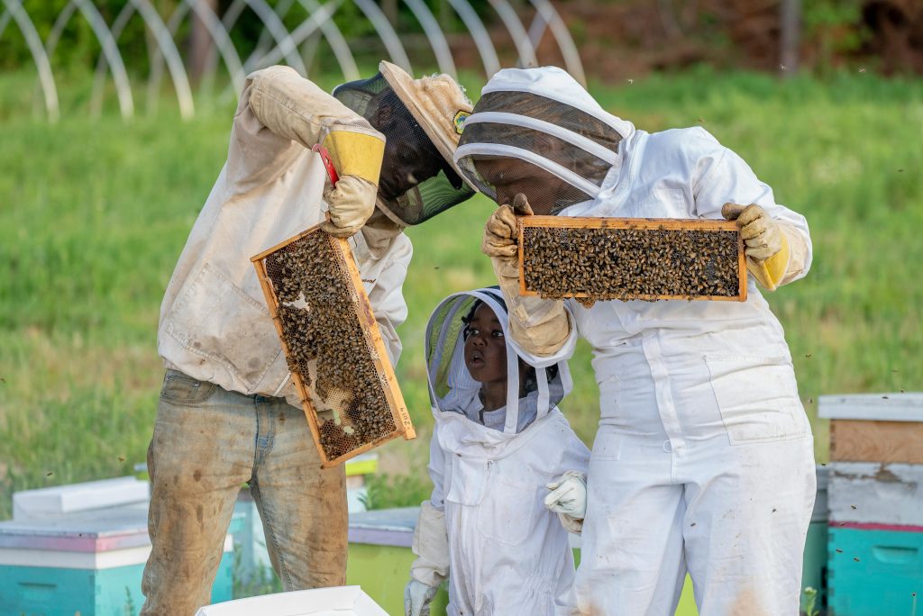 Man and woman with a girl wearing white costumes while beekeeping