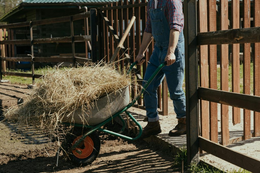 Man in blue denim jeans and blue shirt holding brown wooden wheel barrow