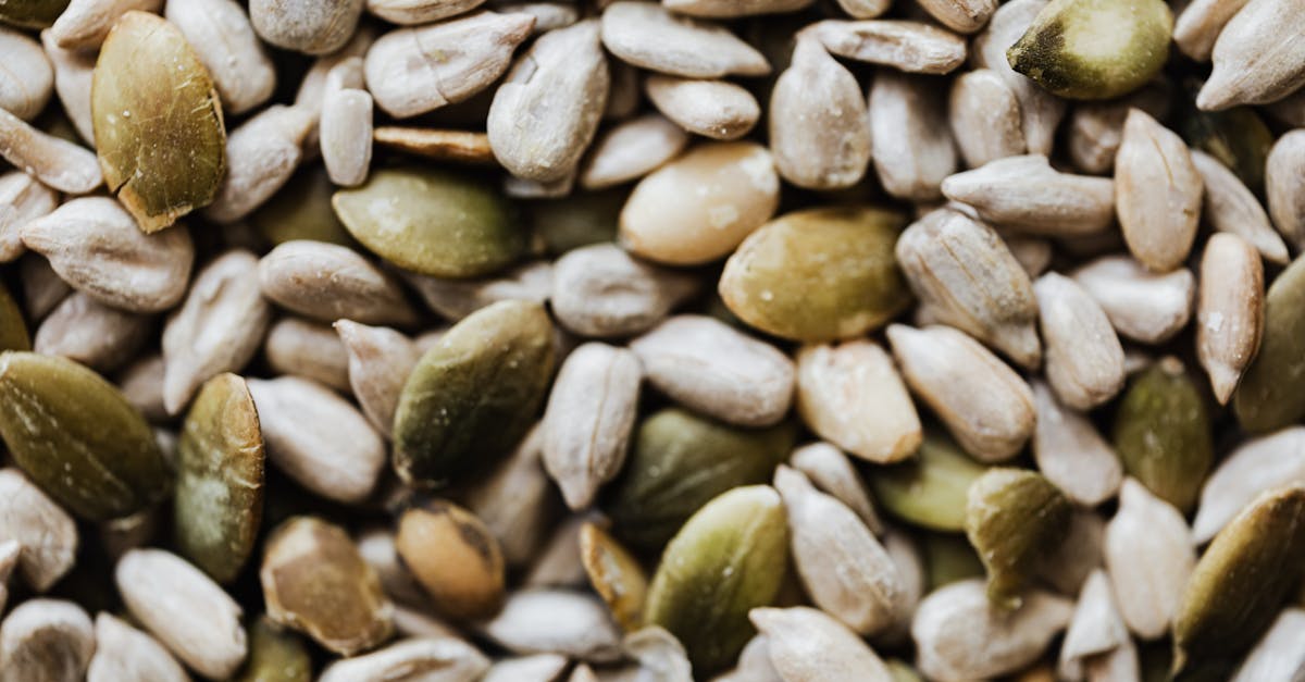 a close up view of mixed raw pumpkin and sunflower seeds showcasing their textures and natural colo