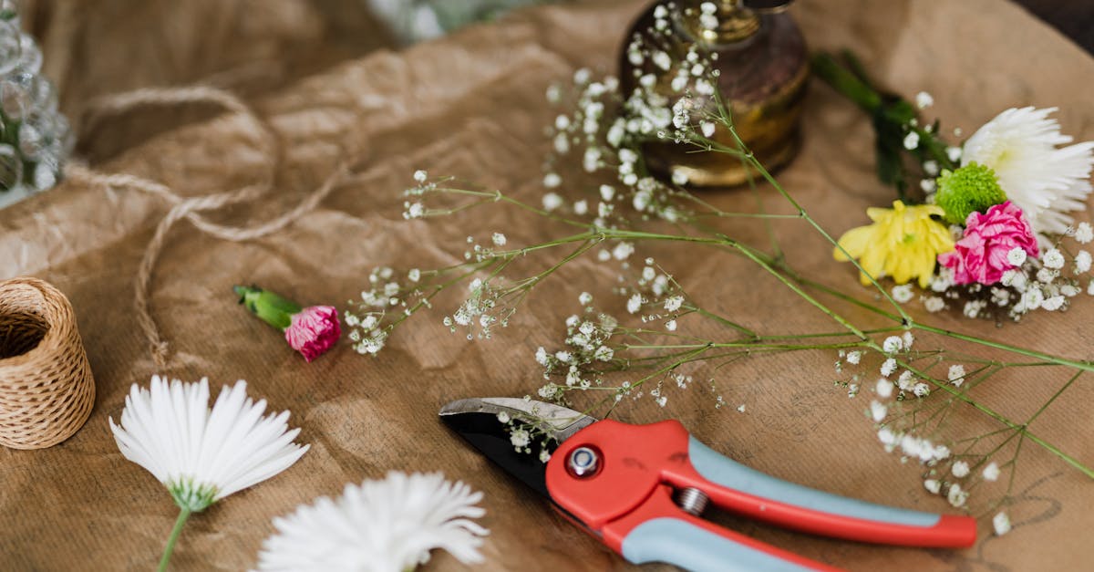 a detailed shot of floral tools flowers and materials in a workshop setting