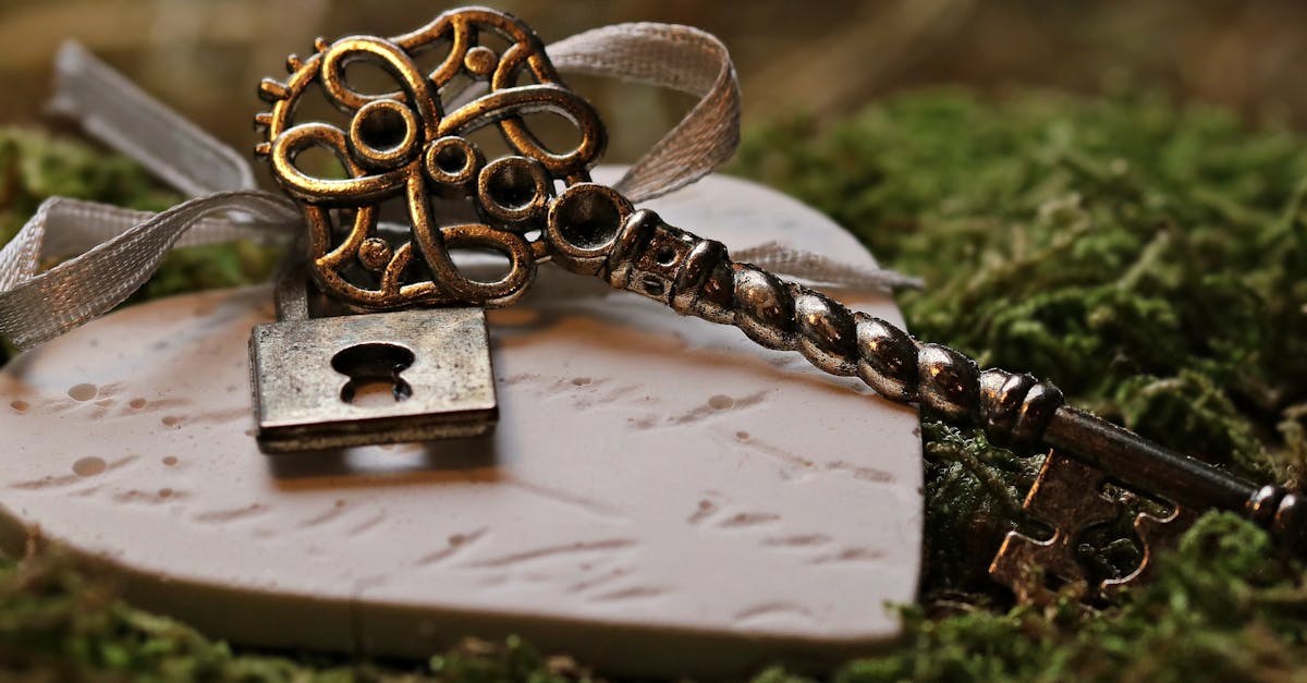 a vintage key with an intricate design rests on a heart shaped keepsake amidst green moss