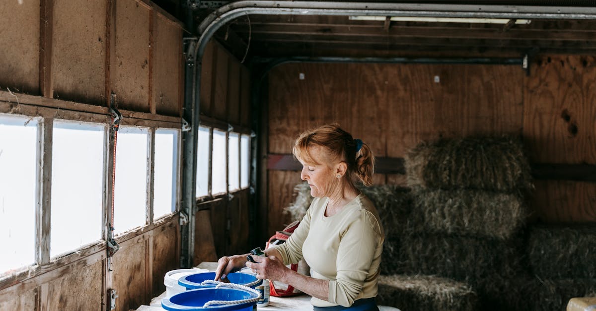 a woman arranging blue buckets in a barn filled with hay bales standing by a window 1