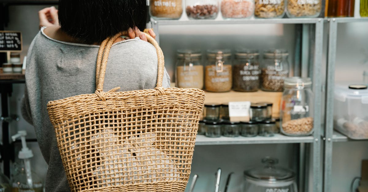 a woman with a wicker bag shops for organic products in a zero waste store