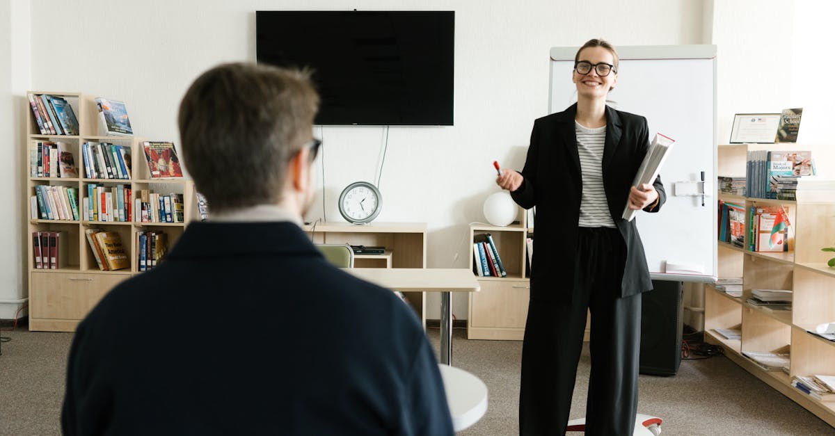 businesswoman giving presentation in office with bookshelves and clock