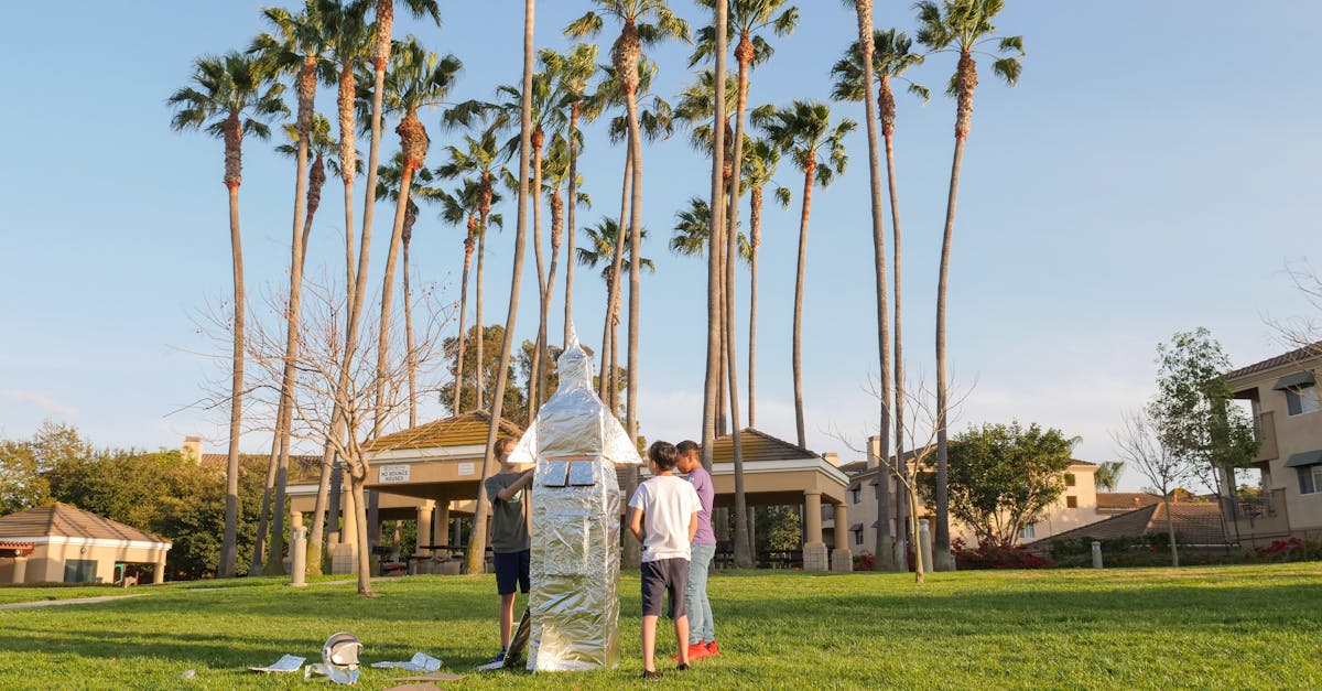 children building a homemade rocket in a park with palm trees under a clear sky