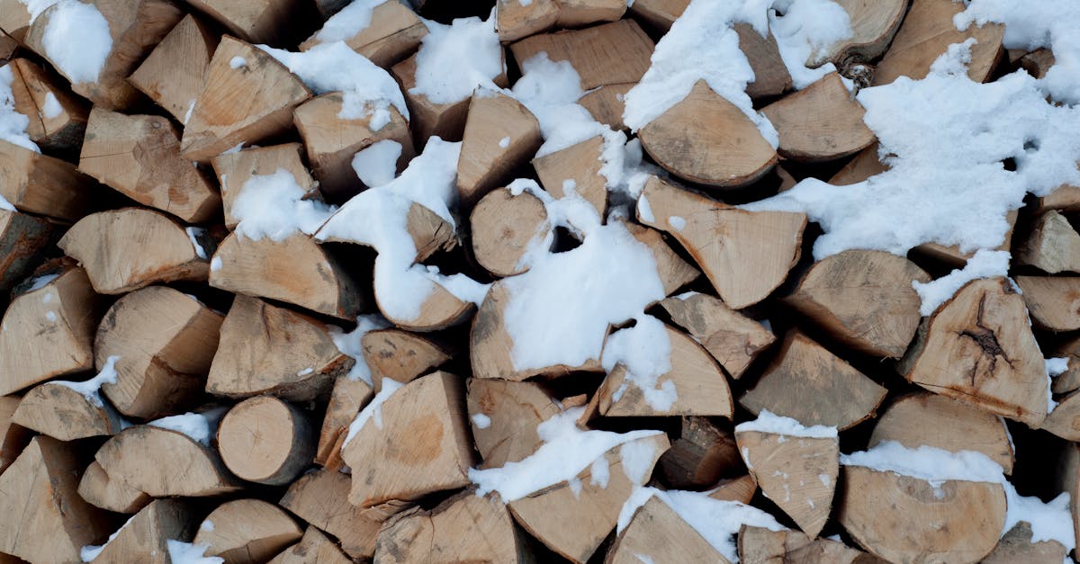 chopped wood logs piled high covered in snow evoking a winter warmth