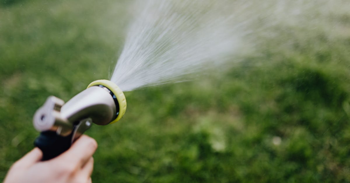 close up of a hand using a garden hose sprayer to water the grass outdoors