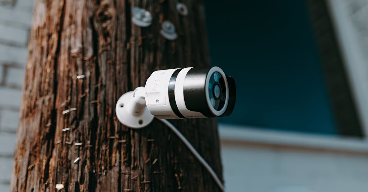 close up of a modern security camera mounted on a wooden post outdoors