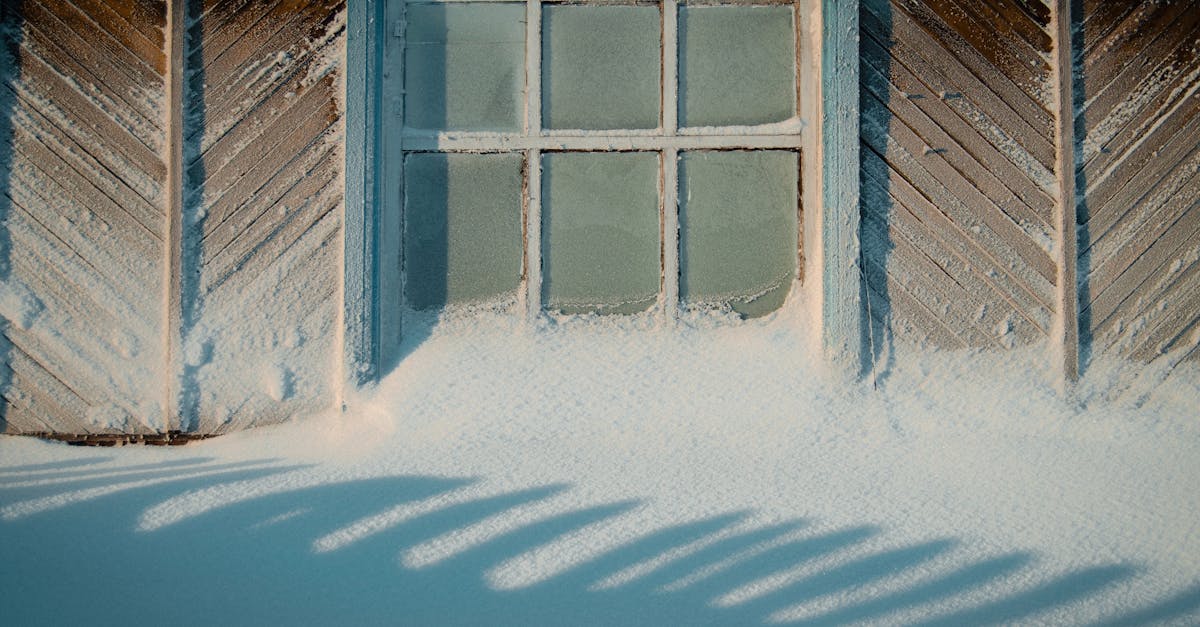 close up of a window surrounded by snow and frost casting shadows in winter