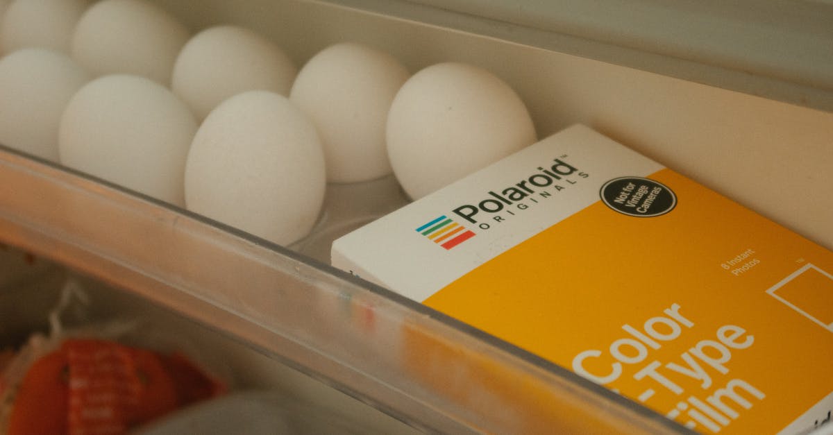 close up of fresh eggs and polaroid film box in refrigerator symbolizing freshness and nostalgia