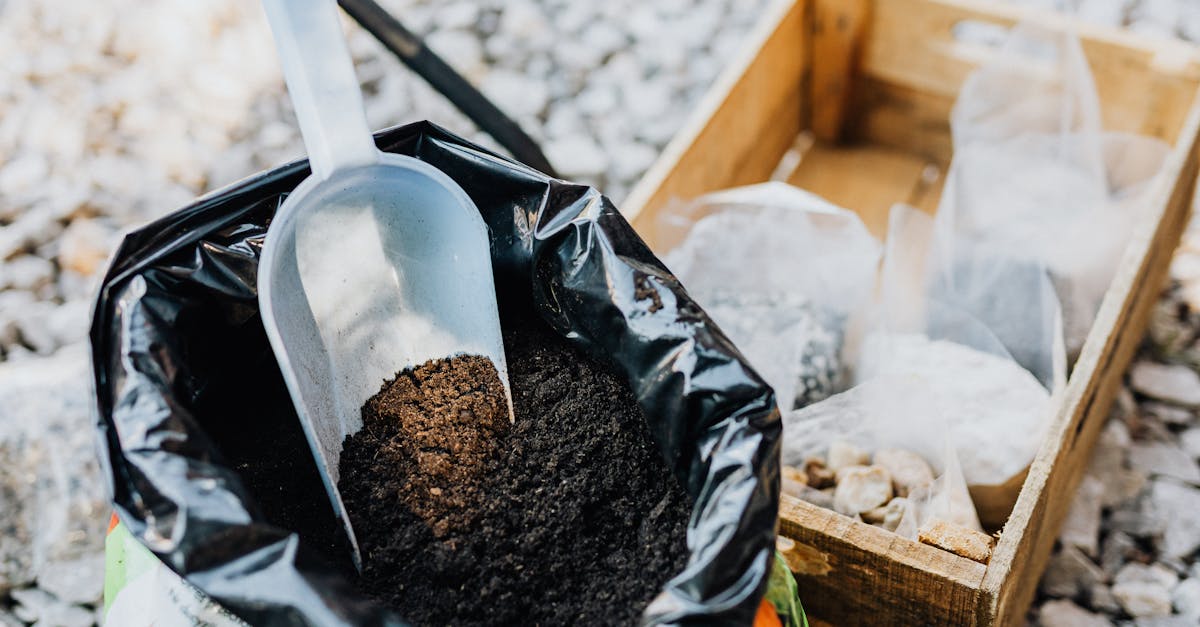 close up of gardening essentials with soil scoop bag and wooden box in garden setting