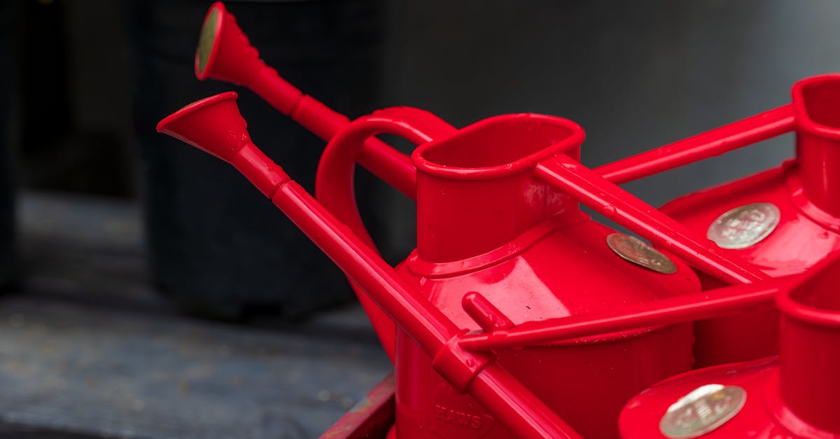 close up of several red watering cans in a garden shed perfect for gardening tasks