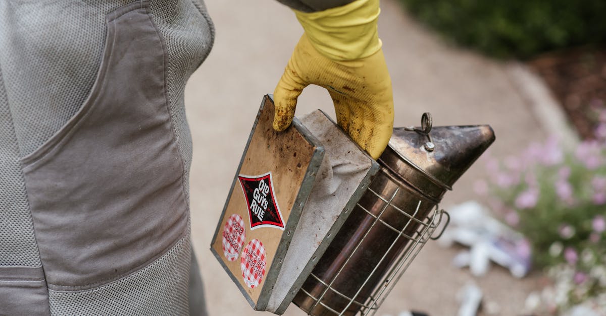 crop faceless male beekeeper in gloves and protective uniform standing in countryside and holding be