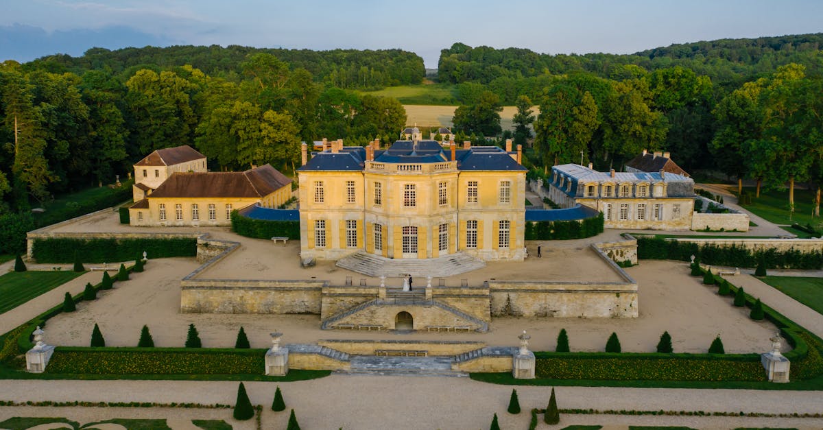 elegant aerial view of a historic french chateau surrounded by lush gardens and trees in summer