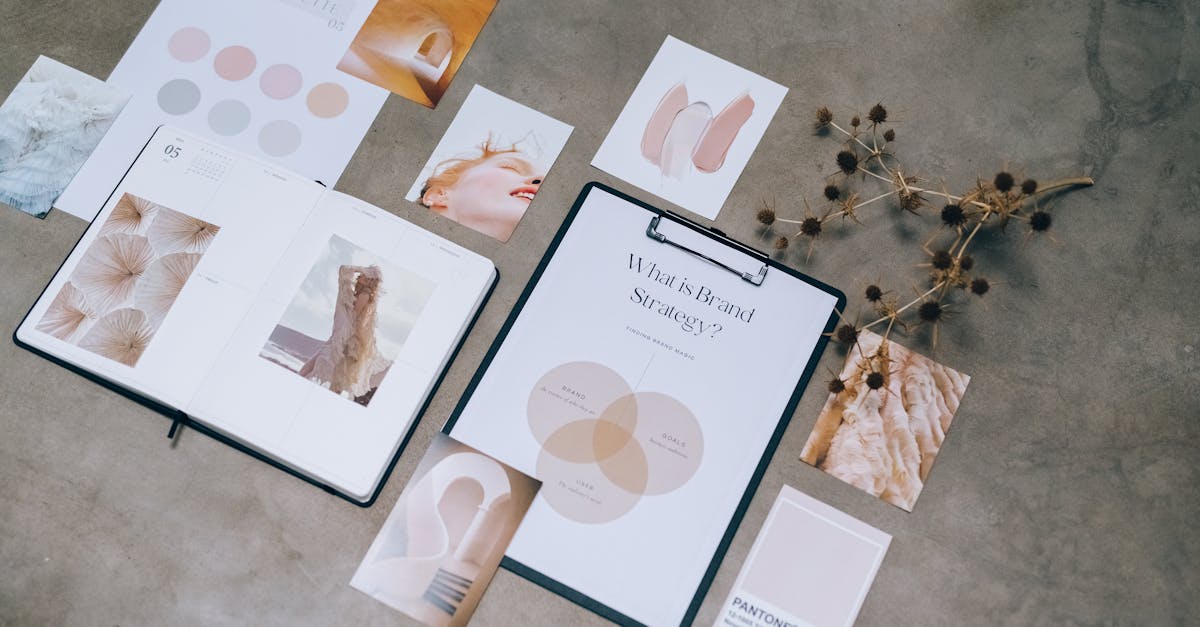 flat lay of branding strategy materials with moodboard and color palette for creative design