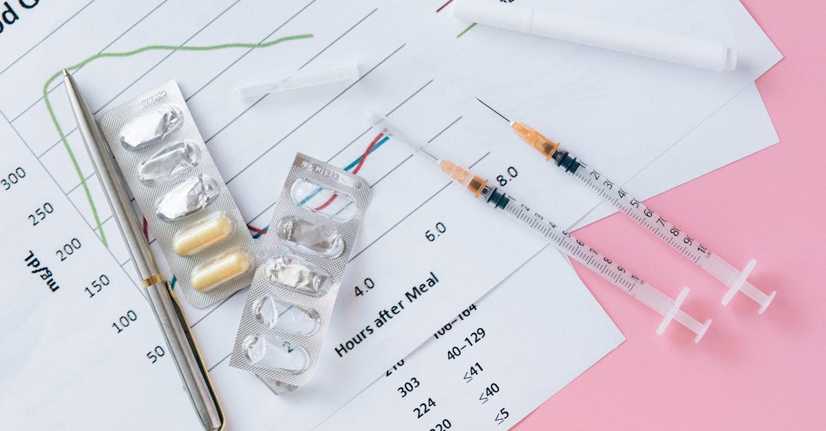 flat lay of medicines syringes and a blood glucose chart on a pink surface representing health ma