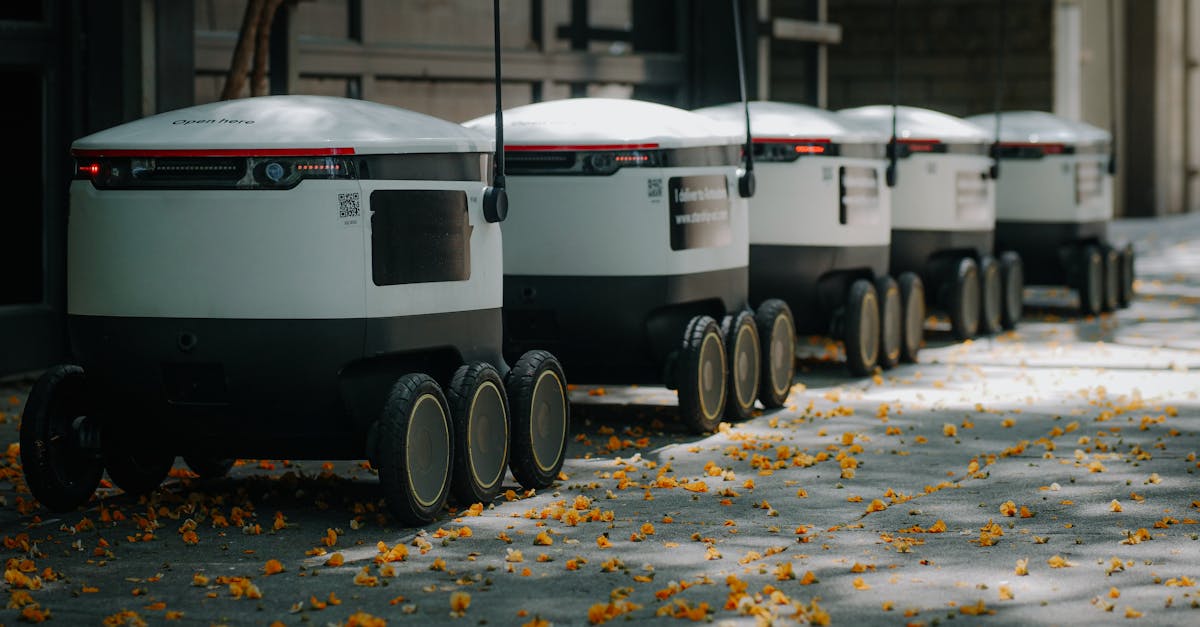 futuristic delivery robots lined up outdoors showcasing innovative modern technology