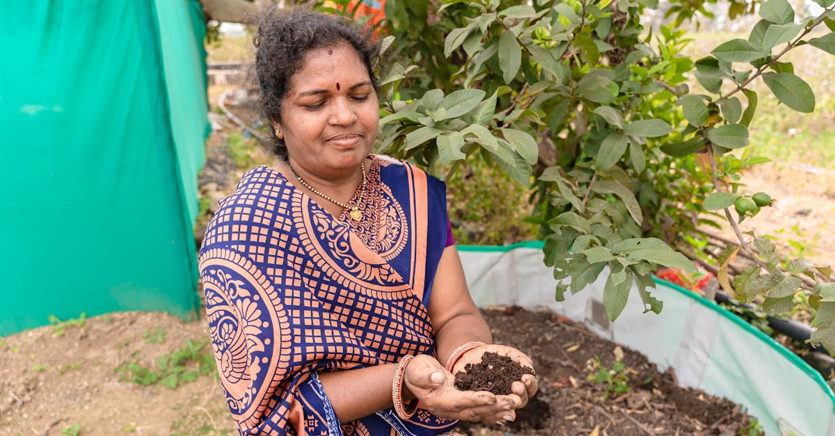 south asian woman in traditional attire holding soil in a garden setting promoting sustainable agri