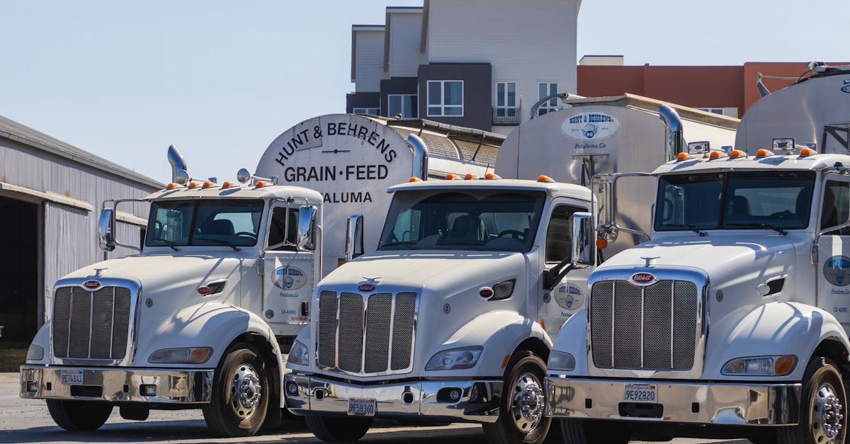 three white tanker trucks at hunt behrens grain feed facility under daylight