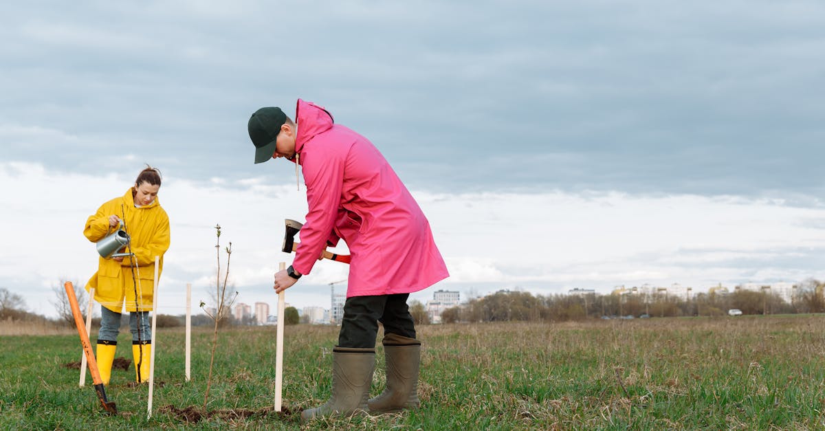 two volunteers planting trees in a grass field wearing colorful raincoats and boots 1